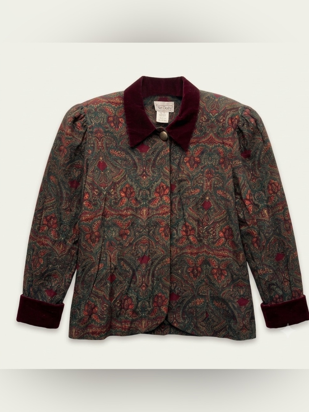 Vintage Velour Button Down Collar Blouse With Paisley Print Size Medium